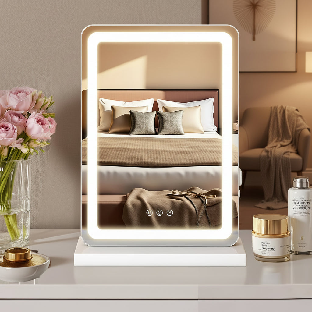 Vanity Mirror with Lights, 17" X 19" LED Makeup Mirror with Dimmable 3 Color Modes, Touch Screen Control Vanity Based Mirror Desk Mirror Square White