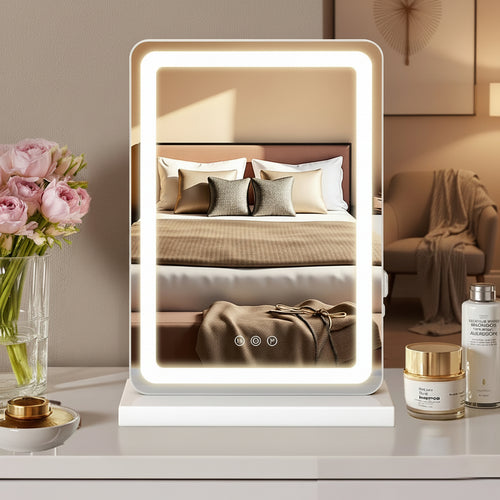 Vanity Mirror with Lights, 17" X 19" LED Makeup Mirror with Dimmable 3 Color Modes, Touch Screen Control Vanity Based Mirror Desk Mirror Square White