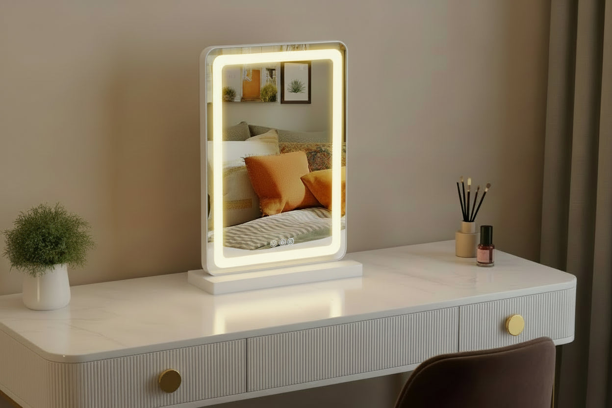 Vanity Mirror with Lights, 17" X 19" LED Makeup Mirror with Dimmable 3 Color Modes, Touch Screen Control Vanity Based Mirror Desk Mirror Square White