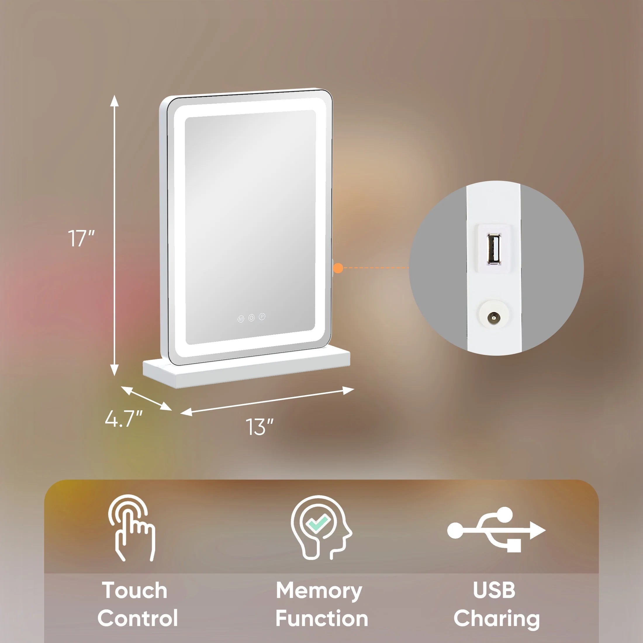 Vanity Mirror with Lights, 17" X 19" LED Makeup Mirror with Dimmable 3 Color Modes, Touch Screen Control Vanity Based Mirror Desk Mirror Square White