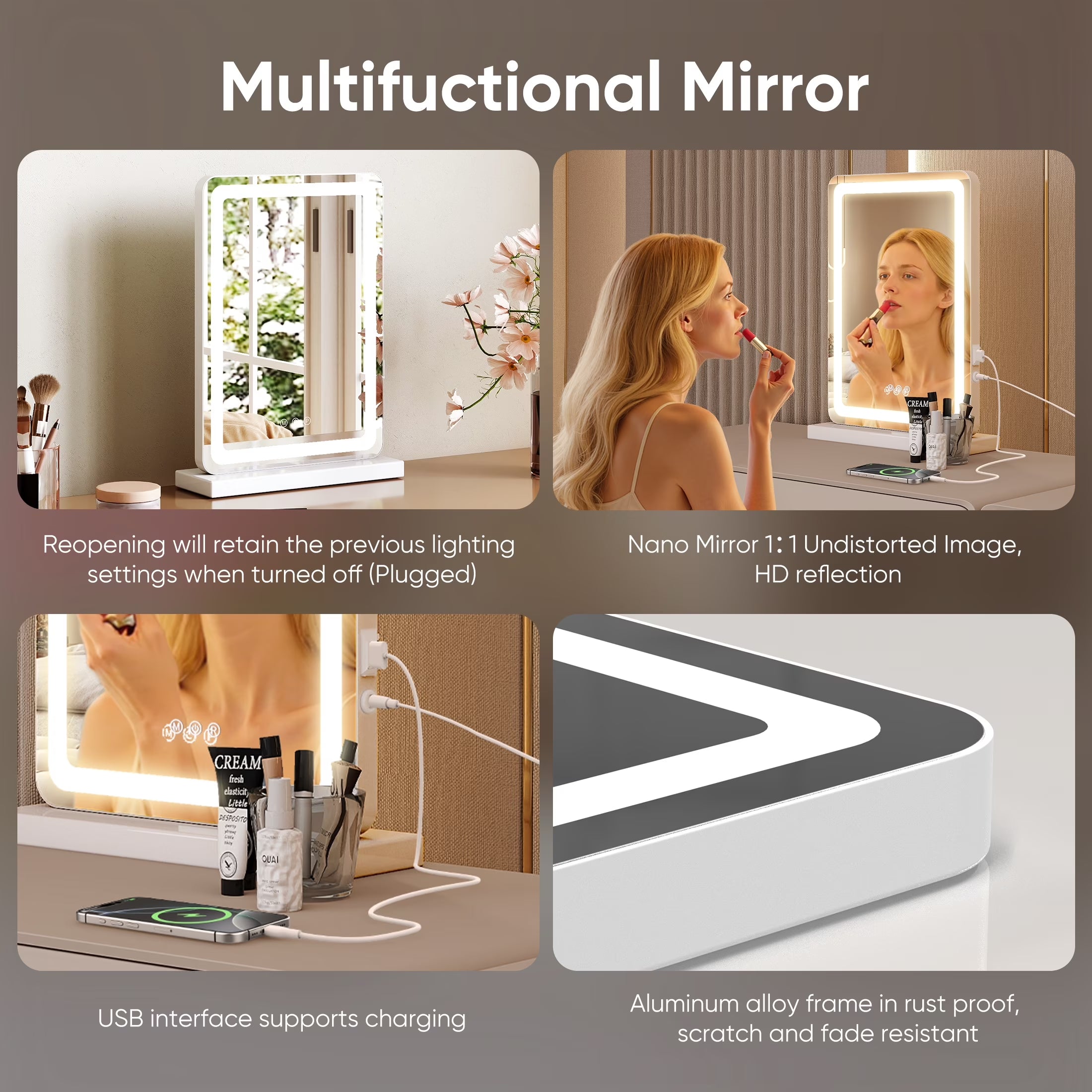 Vanity Mirror with Lights, 17" X 19" LED Makeup Mirror with Dimmable 3 Color Modes, Touch Screen Control Vanity Based Mirror Desk Mirror Square White