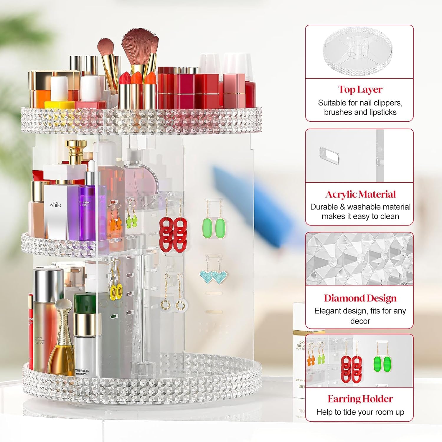 Makeup Organizer 360-Degree Rotating, Adjustable Makeup Storage, 7 Layers Large Capacity Cosmetic Storage Unit, Fits Different Types of Cosmetics and Accessories, plus Size(Acrylic Clear)